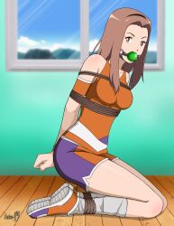 Rule 34 | absurdres, arms behind back, ball gag, bdsm, bondage, bound, bound ankles, bound arms, bound wrists, breasts, brown eyes, brown hair, cloth gag, digimon, digimon adventure tri., gag, gagged, highres, improvised gag, legs, looking at viewer, medium breasts, shadow xcp, tachikawa mimi, thighs