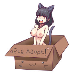 Rule 34 | 1girl, :3, animal collar, animal ear hairband, animal ears, black hair, box, breasts, breasts squeezed together, cardboard box, cat ears, cat girl, cat tail, collar, english text, fake animal ears, for adoption, hairband, heart, in box, in container, ink (inksgirls), large breasts, long hair, navel, nipples, nude, open mouth, original, simple background, solo, tail, v arms, white background, yellow eyes