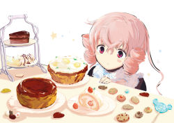 Rule 34 | 1girl, blush, cake, cake slice, candy, cherry, chocolate, cookie, food, fruit, heart, highres, lollipop, omiomi kekyu, pink eyes, shaped lollipop, sister honey biscuit, solo, star (symbol), tiered tray