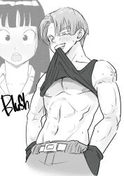 Rule 34 | 1boy, 1girl, abs, absurdres, blush, clothes lift, commentary, cross scar, dragon ball, dragon ball super, gloves, greyscale, grin, half-closed eye, hands in pockets, highres, hime cut, mai (dragon ball), monochrome, muscular, muscular male, navel, open mouth, pink mousse, scar, scar on shoulders, shirt lift, smile, sweat, tank top, trunks (dragon ball)