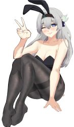Rule 34 | 1girl, absurdres, animal ears, bare arms, bare shoulders, black hairband, black leotard, black pantyhose, blush, breasts, cleavage, commentary, fake animal ears, firefly (honkai: star rail), grey hair, grin, hairband, highres, honkai: star rail, honkai (series), kagurachi, knees up, leotard, long hair, looking at viewer, medium breasts, one eye closed, pantyhose, playboy bunny, purple eyes, rabbit ears, revision, simple background, sitting, smile, solo, strapless, strapless leotard, thighband pantyhose, thighs, very long hair, white background