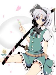 Rule 34 | 1girl, bad id, bad pixiv id, belt, blue eyes, dango, female focus, flower, food, ghost, hairband, highres, katana, konpaku youmu, konpaku youmu (ghost), petals, plant, rin (ateria), short hair, silver hair, skirt, solo, sword, touhou, wagashi, weapon, white background