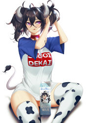 Rule 34 | 1girl, ahoge, animal ears, animal print, blueorca, breasts, collar, cow ears, cow girl, cow horns, cow print, cow tail, hair between eyes, highres, horns, large breasts, messy hair, milk carton, mole, mole under mouth, no pants, original, print shirt, print thighhighs, purple eyes, red collar, shirt, simple background, sitting, skindentation, solo, sugoi dekai, t-shirt, tail, thighhighs, tongue, tongue out, twintails, tying hair, wet, white background