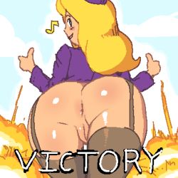 Rule 34 | advance wars, aliasing, anus, blonde hair, blush, bottomless, cleft of venus, cowboy shot, english text, from behind, garter straps, happy, jacket, long hair, looking at viewer, looking back, lowres, musical note, nell (advance wars), nintendo, noill, outdoors, purple headwear, purple jacket, pussy, smile, standing, thighhighs, thumbs up, uncensored