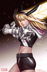 Rule 34 | 1girl, artist name, belt, black belt, black hairband, black hoodie, black shorts, blonde hair, blue eyes, commentary, cropped hoodie, english commentary, english text, gloves, glowing, glowing weapon, gwen stacy, hairband, highres, holding, holding sword, holding weapon, hood, hoodie, huge weapon, in-hyuk lee, instagram logo, instagram username, logo, long hair, magik (x-men), marvel, midriff, multicolored clothes, multicolored hoodie, over shoulder, pink hoodie, short shorts, shorts, signature, solo, spider-gwen, spider-man (series), spiked pauldrons, standing, sword, watermark, weapon, weapon over shoulder, web address, white gloves, white hoodie