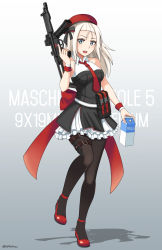 Rule 34 | 1girl, :d, absurdres, alternate breast size, bare shoulders, beret, black dress, blue background, blue eyes, blush, breasts, brown pantyhose, collarbone, collared shirt, commentary request, dress, fingernails, full body, girls&#039; frontline, gradient background, grey hair, gun, h&amp;k mp5, hand up, hat, heckler &amp; koch, highres, holding, holding gun, holding weapon, long hair, looking at viewer, medium breasts, milk carton, mp5 (girls&#039; frontline), name connection, ndtwofives, necktie, object namesake, open mouth, pantyhose, pleated dress, red footwear, red hat, red necktie, shadow, shirt, shoes, sleeveless, sleeveless shirt, smile, solo, standing, standing on one leg, submachine gun, trigger discipline, twitter username, weapon, white background, white shirt, wristband
