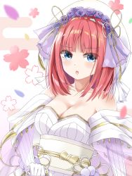 Rule 34 | 1girl, bare shoulders, blue eyes, blunt bangs, blush, breasts, butterfly hair ornament, cenruier, cleavage, collarbone, dress, elbow gloves, embarrassed, floral print, flower, gloves, go-toubun no hanayome, hair flower, hair ornament, highres, japanese clothes, kimono, large breasts, looking at viewer, nakano nino, obi, open mouth, pink hair, sash, shiromuku, simple background, twintails, uchikake, v-shaped eyebrows, wedding dress, white kimono