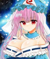 Rule 34 | 1girl, bare shoulders, breasts, cleavage, hat, large breasts, light particles, light smile, looking at viewer, marker (medium), mob cap, off shoulder, pink hair, saigyouji yuyuko, solo, touhou, traditional media, triangular headpiece, zenra1112