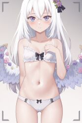 Rule 34 | 1girl, alternate costume, angel wings, azusa (blue archive), blue archive, blush, bra, breasts, cleavage, collarbone, commentary request, embarrassed, feathered wings, flower, gluteal fold, hair between eyes, hair flower, hair ornament, hair ribbon, highres, long hair, looking at viewer, navel, panties, ribbon, sidelocks, simple background, small breasts, solo, stomach, underwear, viewfinder, white bra, white hair, white panties, white wings, wings, zhong zi sheliu