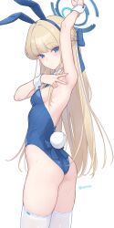 Rule 34 | 1girl, animal ears, arm up, armpits, ass, bare shoulders, blonde hair, blue archive, blue eyes, blue leotard, blush, bow, bowtie, braid, breasts, commentary, dan (kumadan), detached collar, earpiece, fake animal ears, fake tail, french braid, halo, highleg, highleg leotard, highres, leotard, long hair, looking at viewer, medium breasts, official alternate costume, playboy bunny, rabbit ears, rabbit tail, revision, sideboob, simple background, solo, spread armpit, tail, thighhighs, thighs, toki (blue archive), toki (bunny) (blue archive), white background, white thighhighs, wrist cuffs