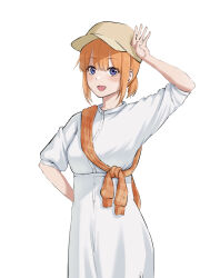 1girl alternate_costume alternate_hairstyle arm_up baseball_cap blue_eyes blush cowboy_shot dress go-toubun_no_hanayome hat highres looking_at_viewer nakano_yotsuba open_mouth orange_hair ricky_(haye4843) short_hair short_ponytail short_sleeves simple_background solo white_background white_dress white_hat