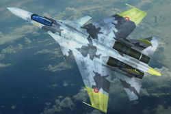 Rule 34 | ace combat, ace combat 04, aircraft, airplane, cloud, emblem, fighter jet, flying, jet, military, military vehicle, missile, no humans, sky, su-37, vehicle focus, yellow 13, yellow man