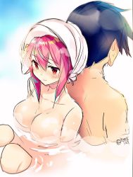 Rule 34 | 1girl, bad id, bad twitter id, bath, bathing, blush, breasts, chaos;child, miyashiro takuru, onoe serika, pink hair, red eyes, rotte (1109), smile, towel, towel on head, water, wet
