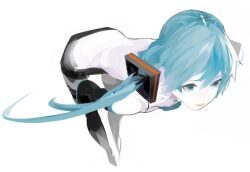 Rule 34 | 1girl, aqua eyes, aqua hair, bad id, bad pixiv id, bare shoulders, black thighhighs, closed mouth, foreshortening, full body, hair ornament, hatsune miku, leaning forward, long hair, open mouth, sentakki, shirt, simple background, sleeveless, solo, solo focus, thighhighs, twintails, vocaloid