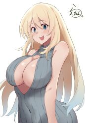 Rule 34 | 1girl, alternate costume, artist logo, artist name, atago (kancolle), blonde hair, blue eyes, breasts, cleavage, cleavage cutout, clothing cutout, dress, grey dress, highres, kantai collection, lanthan, large breasts, long hair, looking at viewer, one-hour drawing challenge, open mouth, ribbed dress, ribbed sweater, simple background, smile, solo, sweater, sweater dress, teeth, upper teeth only, white background