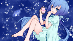 Rule 34 | 1girl, aoki lapis, bare legs, barefoot, blue background, blue dress, blue eyes, blue hair, blush, dress, from above, from side, heart, holding, long hair, lying, matching hair/eyes, on side, simple background, solo, star (symbol), starry background, toes, twintails, very long hair, vocaloid, yayoi (egoistic realism)