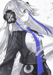 Rule 34 | 1girl, black flower, black shirt, blue hair, blue necktie, expressionless, floating hair, flower, grey eyes, grey hair, hair flower, hair ornament, hair over one eye, highres, isekai joucho, kamitsubaki studio, long hair, looking at viewer, multicolored hair, necktie, shigure (49le), shirt, solo, two-tone hair, two-tone shirt, upper body, very long hair, virtual youtuber, white background