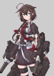 Rule 34 | 1girl, ahoge, black gloves, black hair, black jacket, black shirt, black skirt, black thighhighs, blue eyes, boushi-ya, braid, cannon, cowboy shot, cropped jacket, fingerless gloves, gloves, grey background, hair flaps, hair over shoulder, jacket, kantai collection, long hair, looking at viewer, machinery, necktie, pleated skirt, red necktie, shigure (kancolle), shigure kai san (kancolle), shirt, single braid, skirt, solo, thighhighs, torpedo launcher, turret, two-tone shirt