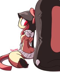 Rule 34 | 1girl, ass, back, backless outfit, bare back, bare shoulders, black hair, butt crack, creatures (company), diives, feet, from behind, furry, game freak, gen 3 pokemon, long hair, looking at viewer, looking back, mawile, meme attire, nintendo, off shoulder, pokemon, pokemon (creature), ponytail, red eyes, ribbon, simple background, sitting, sweater, teeth, turtleneck, turtleneck sweater, virgin killer sweater, white background