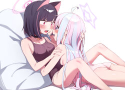 Rule 34 | 2girls, absurdres, after kiss, ahoge, animal ears, ass, black choker, black hair, black tank top, blue archive, blue hair, blush, cat ears, choker, eye contact, fang, halo, hand on another&#039;s cheek, hand on another&#039;s face, hand on another&#039;s head, highres, kazusa (blue archive), long hair, looking at another, multicolored hair, multiple girls, open mouth, panties, pink hair, pink panties, purple eyes, red eyes, reisa (blue archive), saliva, saliva trail, short hair, tank top, tongue, tongue out, topless, two-tone hair, underwear, whonyang, yuri