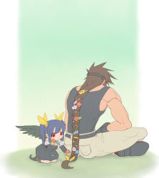 Rule 34 | 1boy, 1girl, asymmetrical wings, bad id, bad pixiv id, blue hair, braid, brown hair, chabo (pmajpmaj), child, dizzy (guilty gear), father and daughter, flower, guilty gear, hair flower, hair ornament, hair ribbon, long hair, red eyes, ribbon, smile, sol badguy, tail, wings, aged down