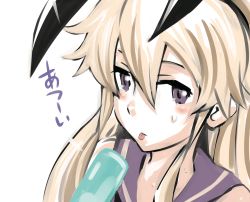 Rule 34 | 1girl, animal ears, blonde hair, rabbit ears, commentary request, fake animal ears, food, grey eyes, hair between eyes, hairband, highres, inoue kousei, kantai collection, long hair, looking at viewer, popsicle, shimakaze (kancolle), sidelocks, solo, sweat, tongue, tongue out, translation request, upper body