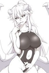 Rule 34 | 1girl, black sclera, breasts, clothing aside, clothing cutout, collarbone, colored sclera, commentary, competition swimsuit, demon girl, demon wings, english commentary, finger to mouth, greyscale, hair between eyes, horns, impossible clothes, impossible swimsuit, large breasts, lilim (monster girl encyclopedia), long hair, looking at viewer, mari (maritan), maritan (pixelmaritan), monochrome, monster girl encyclopedia, navel, navel cutout, one-piece swimsuit, original, parted lips, pointy ears, ponytail, sideboob, smirk, solo, swimsuit, swimsuit aside, v-shaped eyebrows, very long hair, wings