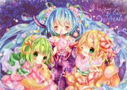 Rule 34 | 3girls, bad id, bad pixiv id, bare shoulders, blonde hair, blue hair, blush, eating, closed eyes, flower, green eyes, green hair, gumi, hair flower, hair ornament, hatsune miku, japanese clothes, kagamine rin, kimono, long hair, momoon karin, mouth hold, multiple girls, new year, open mouth, twintails, very long hair, vocaloid, wink
