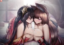 Rule 34 | 2girls, amagi (azur lane), animal ears, azur lane, between legs, black hair, breasts, breasts out, brown hair, cooperative paizuri, food, gdat, hand on own chest, huge breasts, ice cream, indoors, japanese clothes, kimono, licking, long hair, looking at viewer, mask, mask on head, multiple girls, multiple tails, on table, paizuri, purple eyes, red kimono, suggestive fluid, table, taihou (azur lane), tail, twintails