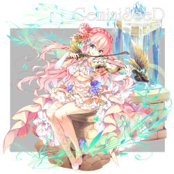 Rule 34 | 1girl, beamed sixteenth notes, blue flower, blue rose, braid, breasts, center frills, character request, cleavage, copyright name, crown braid, detached sleeves, eighth note, flower, frills, gears, gemini seed, green eyes, grey background, hair between eyes, hair bun, highres, holding, holding instrument, holding violin, instrument, large breasts, long hair, long sleeves, musical note, navel, pink hair, pink skirt, quarter note, rose, satsuki misuzu, shirt, shoes, side bun, single hair bun, single side bun, sitting, skirt, sleeves past wrists, solo, treble clef, two-tone background, underboob, very long hair, violin, water, waterfall, watermark, white background, white footwear, white shirt, white sleeves