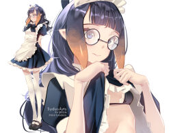 Rule 34 | 1girl, all fours, apron, artist name, black bra, black panties, bra, closed mouth, commentary, english commentary, fanbox username, glasses, hololive, hololive english, legs, long hair, maid apron, maid headdress, multicolored hair, multiple views, ninomae ina&#039;nis, panties, patreon username, pointy ears, purple hair, round eyewear, solo, standing, sydus, thighhighs, underwear, virtual youtuber, white thighhighs