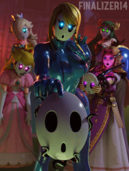 Rule 34 | 5girls, absurdres, blonde hair, blue eyes, bodysuit, corruption, crossover, crown, dark persona, dress, glowing, glowing eyes, green eyes, green hair, highres, hollow eyes, hollow mouth, indoors, jewelry, kid icarus, kid icarus uprising, kirby (series), long dress, mario (series), mask, metroid, mind control, multiple girls, nautilic, nintendo, outstretched arms, palutena, parasite, pink eyes, ponytail, possessed, possession, pov, princess peach, princess zelda, rosalina, samus aran, shy guy, standing, super mario bros. 1, super mario galaxy, super smash bros., swept bangs, tentacles, the legend of zelda, the legend of zelda: a link between worlds, zero suit
