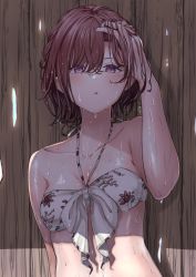 Rule 34 | 1girl, absurdres, adjusting hair, bikini, breasts, brown hair, chestnut mouth, collarbone, floral print, front-tie bikini top, front-tie top, highres, higuchi madoka, idolmaster, idolmaster shiny colors, kaede (harutan109), looking at viewer, medium breasts, mole, mole under eye, nail polish, necktie, purple eyes, shadow, short hair, solo, swimsuit, upper body, wet, wet clothes, wet hair, wet swimsuit, wooden wall
