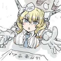 Rule 34 | ..., 1boy, 1girl, admiral (kancolle), blonde hair, blue eyes, blue neckwear, blush, braid, breasts, colorado (kancolle), commentary, elbow gloves, floor, from above, frown, furrowed brow, garrison cap, gloves, grey gloves, grey headwear, hair between eyes, hat, headgear, highres, kantai collection, large breasts, looking up, motion lines, necktie, pants, poster (object), poyo (hellmayuge), reaching, reaching towards viewer, shadow, shirt, shoes, short hair, side braids, sideboob, sleeveless, spoken ellipsis, sweat, translated, trembling, triangle mouth, wall, white pants, white shirt