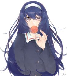 Rule 34 | 1girl, absurdres, artist name, bad id, bad twitter id, black hair, blue jacket, brown eyes, candy, closed mouth, food, girls und panzer, green shirt, hairband, highres, holding, holding food, jacket, lollipop, long hair, long sleeves, looking at viewer, military, military uniform, ooarai military uniform, reizei mako, shirt, signature, simple background, smile, solo, tsunami samemaru, uniform, upper body, white background, white hairband