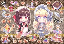 Rule 34 | 2girls, :o, apron, bad id, bad pixiv id, black dress, black footwear, blonde hair, blueberry, blunt bangs, blush stickers, book, bookmark, brown hair, burning, buttons, cake, cake slice, candle, capelet, checkerboard cookie, chibi, closed mouth, cookie, cup, cupcake, dress, fire, food, frilled apron, frills, fruit, grey capelet, grey dress, grey legwear, ie (nyj1815), ink, inkwell, juliet sleeves, kiwi (fruit), kiwi slice, lolita fashion, long hair, long sleeves, macaron, maid, maid apron, maid headdress, matches, multiple girls, needle, original, pantyhose, parted lips, pie, puffy sleeves, quill, red eyes, ribbed legwear, saucer, scissors, sewing needle, smile, spoon, tea, teacup, teapot, thread, tiered tray, white apron, white legwear, yellow eyes