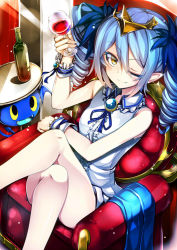 Rule 34 | 1girl, alcohol, bare shoulders, blue hair, blue ribbon, bombergirl, bottle, brooch, buttons, center frills, closed mouth, collar, collared dress, crossed legs, cup, dress, drill hair, drinking glass, eyes visible through hair, fang, fang out, frilled collar, frills, glint, hand up, holding, holding cup, jewelry, lewisia aquablue, light blue hair, light particles, long hair, omochishiki, poi, ribbon, short dress, sitting, sleeveless, sleeveless dress, smile, sparkle, tiara, twin drills, white dress, wine, wine bottle, wine glass, wrist cuffs, yellow eyes