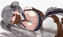 Rule 34 | 1girl, arms behind back, azur lane, bdsm, between breasts, bondage, bound, breasts, cleavage, dress, formidable (azur lane), gag, gagged, grey background, grey hair, highres, hoojiro (found1093), improvised gag, large breasts, long hair, lying, on side, red eyes, solo, tape, tape bondage, tape gag, twintails, white legwear