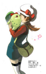 Rule 34 | 00s, 1girl, absurdres, bad id, bad pixiv id, bag, brown eyes, brown hair, cabbie hat, chikorita, clothed pokemon, creatures (company), eishi, game freak, gen 2 pokemon, handbag, hat, hat ribbon, highres, kiss, lyra (pokemon), nintendo, nuzzle, one eye closed, overalls, pokemon, pokemon (creature), pokemon hgss, red eyes, red ribbon, ribbon, short twintails, thighhighs, translated, twintails, white thighhighs, wink