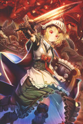 Rule 34 | 1girl, 2others, aiuabo, apron, armor, axe, badge, black hat, blonde hair, bow, breastplate, brooch, cape, commentary request, dragon, dress, fantasy, frilled apron, frilled dress, frills, frown, gauntlets, green dress, hat, highres, holding, holding sword, holding weapon, jewelry, knight, maid, multiple others, original, petticoat, red bow, red eyes, sharp teeth, shield, shoulder spikes, single gauntlet, solo focus, spiked helmet, spikes, sword, teeth, thighhighs, waist apron, weapon, white apron, witch hat