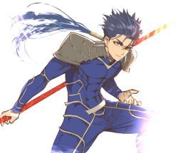 Rule 34 | 1boy, abs, armor, blue eyes, commentary request, cowboy shot, cu chulainn (fate), cu chulainn (fate/stay night), dangle earrings, earrings, fate/grand order, fate (series), gae bolg (fate), hayadai, holding, holding polearm, holding spear, holding weapon, jewelry, long hair, long sleeves, male focus, polearm, ponytail, red eyes, shoulder armor, simple background, smile, solo, spear, spiked hair, weapon, white background