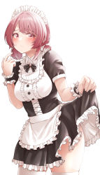 1girl, absurdres, apron, blush, breasts, closed mouth, dress, dress lift, eyebrows visible through hair, highres, lifted by self, looking at viewer, maid, maid apron, maid headdress, mole, mole under eye, original, red eyes, red hair, short hair, short sleeves, short twintails, sidelocks, simple background, solo, standing, thighhighs, thighs, tokufumi, twintails, white background, white legwear, wrist cuffs, wristband