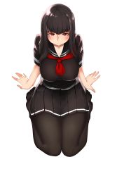 Rule 34 | 1girl, absurdres, arms at sides, black hair, black pantyhose, black serafuku, black shirt, black skirt, blush, breasts, fingernails, full body, highres, kei (soundcross), large breasts, long hair, looking at viewer, miniskirt, neckerchief, original, pantyhose, pleated skirt, red eyes, sailor collar, school uniform, seiza, serafuku, shirt, short sleeves, simple background, sitting, skirt, smile, solo, white background
