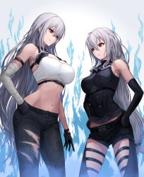 Rule 34 | 2girls, arknights, arm strap, armpits, ascot, azur lane, bandaged arm, bandages, bare shoulders, black ascot, black gloves, black pants, black shorts, blue fire, breasts, buckle, buttons, chaps, choker, cleavage, clothing cutout, commentary request, cowboy shot, crop top, crossover, double-breasted, elbow gloves, eyebrows hidden by hair, fire, frown, gloves, grey background, groin, hair between eyes, hand on own hip, hands on own hips, height difference, highres, large breasts, long hair, look-alike, looking at another, low-tied long hair, midriff, midriff peek, multiple girls, multiple straps, navel, pants, red eyes, saikoro (et1312), shirt, short shorts, shorts, sidelocks, silver hair, skadi (arknights), sleeveless, sleeveless shirt, smile, snap-fit buckle, sovetskaya rossiya (azur lane), sovetskaya rossiya (the lackadaisical lookout) (azur lane), standing, tank top, thigh cutout, torn clothes, torn pants, underbust, very long hair, white tank top