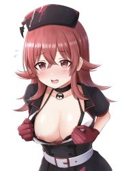 Rule 34 | 1girl, absurdres, belt, black choker, blush, breasts, brown eyes, brown hair, choker, cleavage, fang, flashing, flying sweatdrops, gloves, hair between eyes, hat, highres, idolmaster, idolmaster shiny colors, komiya kaho, large breasts, long hair, looking at viewer, open mouth, red gloves, short sleeves, simple background, solo, striped, tagme, warubo, white background