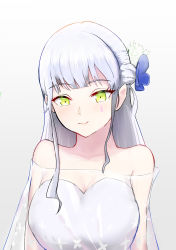 Rule 34 | 1girl, bare shoulders, blue hair, blush, breasts, cleavage, collarbone, colored eyelashes, dress, flower, girls&#039; frontline, green eyes, hair flower, hair ornament, highres, hk416 (girls&#039; frontline), long hair, looking at viewer, medium breasts, simple background, smile, solo, solokitsune, white dress