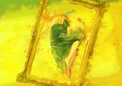 Rule 34 | 1girl, barefoot, blonde hair, covering face, dress, field, flower, hands on own head, ib (kouri), juliet sleeves, lessa, long hair, long sleeves, lying, mary (ib), on side, picture frame, puffy sleeves, rose, solo, very long hair