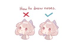 Rule 34 | 1girl, :o, angelica (k3lly), blue bow, blush, bow, brown hair, chibi, commentary, cropped torso, english commentary, english text, hair bow, how to, multiple views, original, parted lips, purple eyes, short hair, simple background, upper body, white background