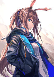 Rule 34 | 1girl, absurdres, amiya (arknights), animal ears, arknights, ascot, black jacket, blue eyes, brown hair, frilled ascot, frills, gu luco, hair between eyes, highres, hood, hood down, hooded jacket, jacket, jewelry, long hair, long sleeves, neck ring, open clothes, open jacket, rabbit ears, solo, white background