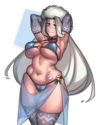Rule 34 | 1girl, arm behind head, armpits, arms up, bikini, blue bikini, blue eyes, blue thighhighs, blush, breasts, cleavage, commentary, covered erect nipples, creatures (company), curvy, eyelashes, female focus, game freak, gloves, grey hair, grey thighhighs, highres, kelvin hiu, large breasts, lipstick, long hair, looking at viewer, makeup, mature female, melony (pokemon), multicolored hair, navel, nintendo, o-ring, o-ring bikini, partially fingerless gloves, poke ball, pokemon, pokemon swsh, see-through, shiny skin, smile, solo, streaked hair, swimsuit, tattoo, thick eyebrows, thighhighs, thighs, ultra ball, underboob, very long hair, white hair, white headwear